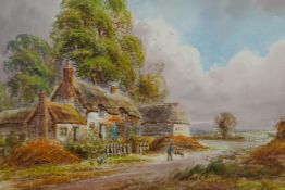 E. Nevil, thatched farm buildings, signed watercolour, titled on the mount "Near Reigate", 15" x 11"