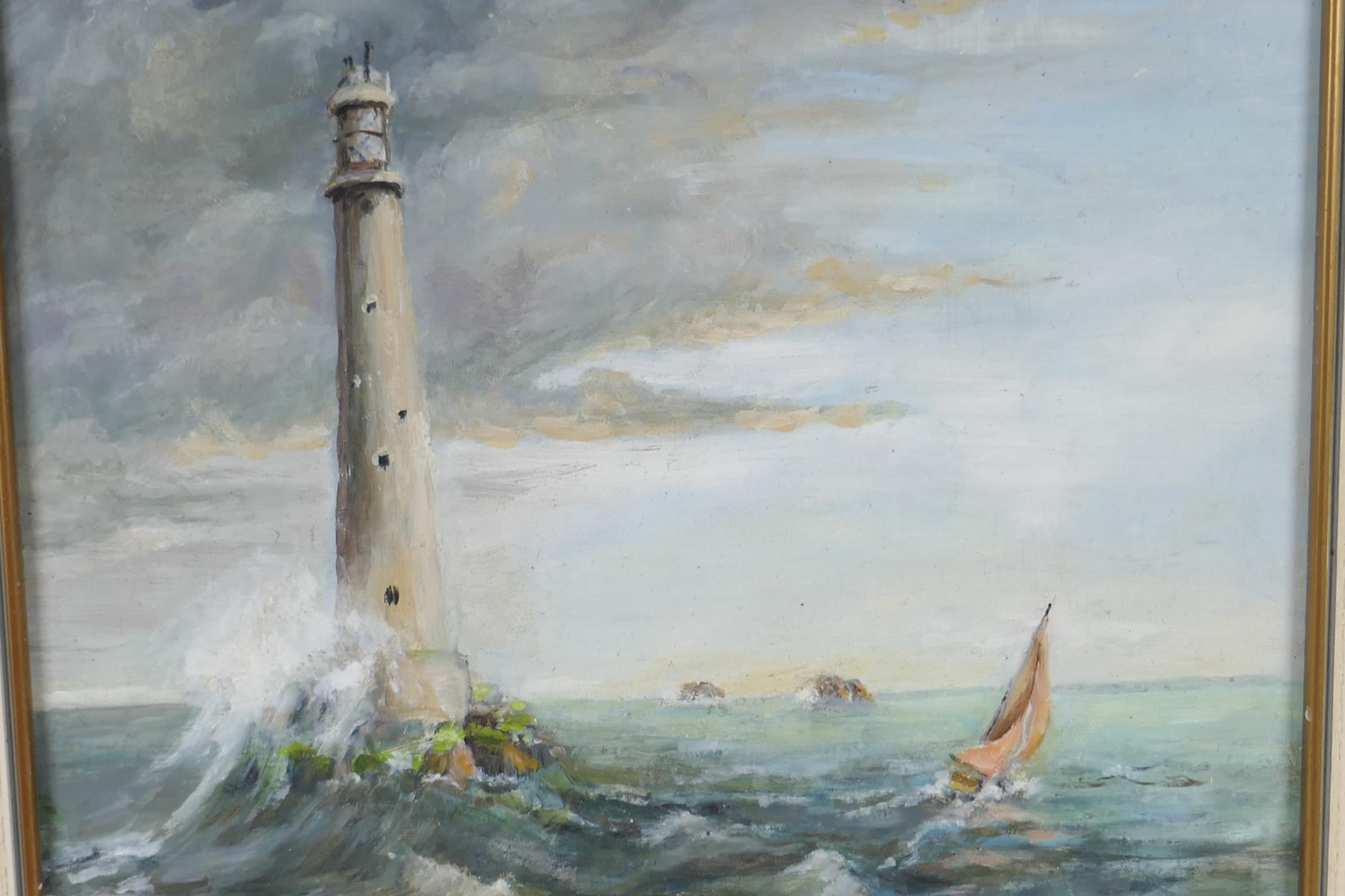 A light house and sailing ship in a stormy sea, titled verso "Bishops Rock Lighthouse", oil on - Image 2 of 4