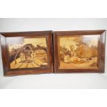 A pair of rosewood framed Indian veneered wood panels, depicting rural life, 17" x 14"
