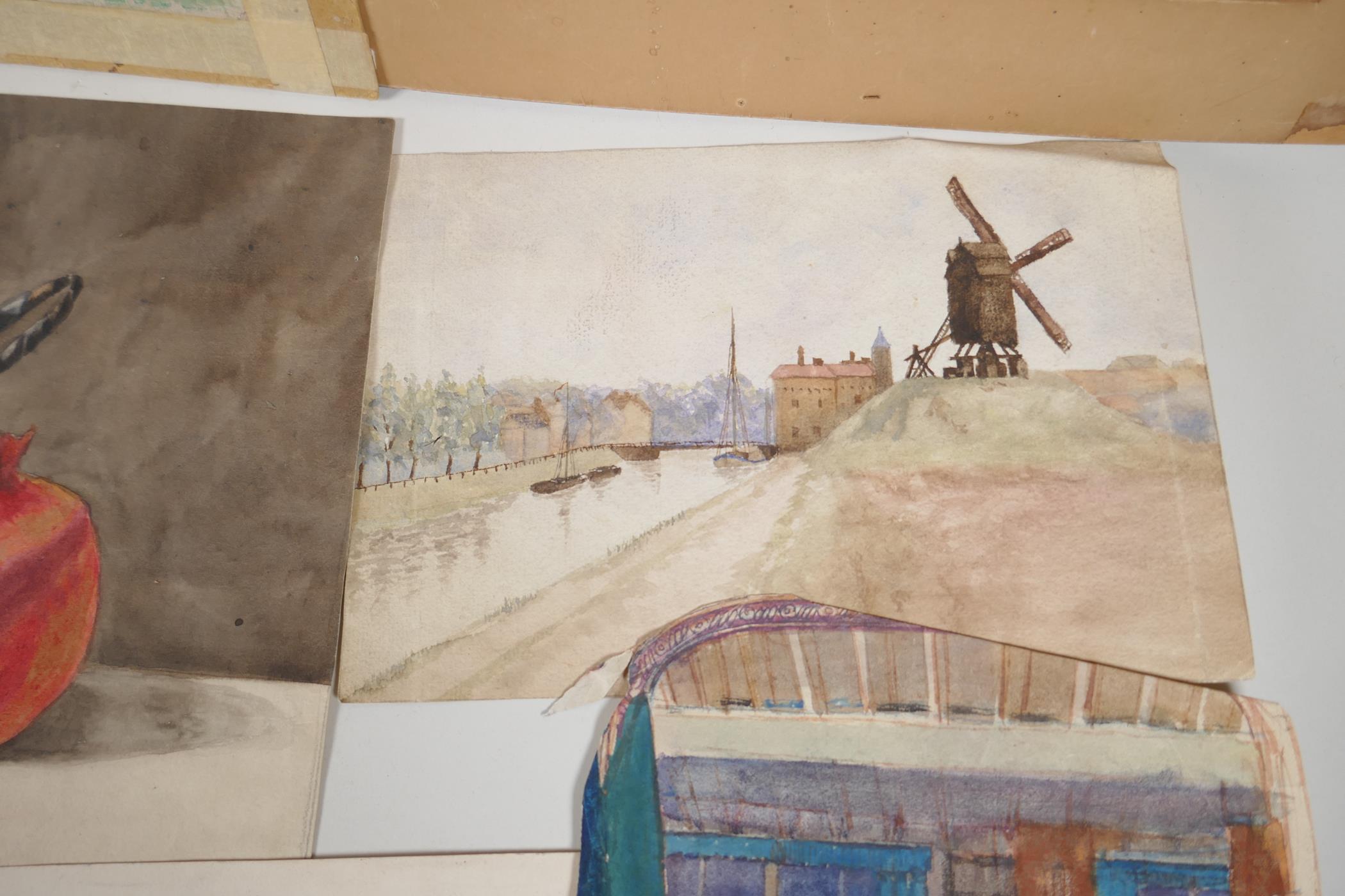 A folio of unframed watercolours, including a village scene, initialled 'E.W 1963', 10" x 10", dog - Image 6 of 7