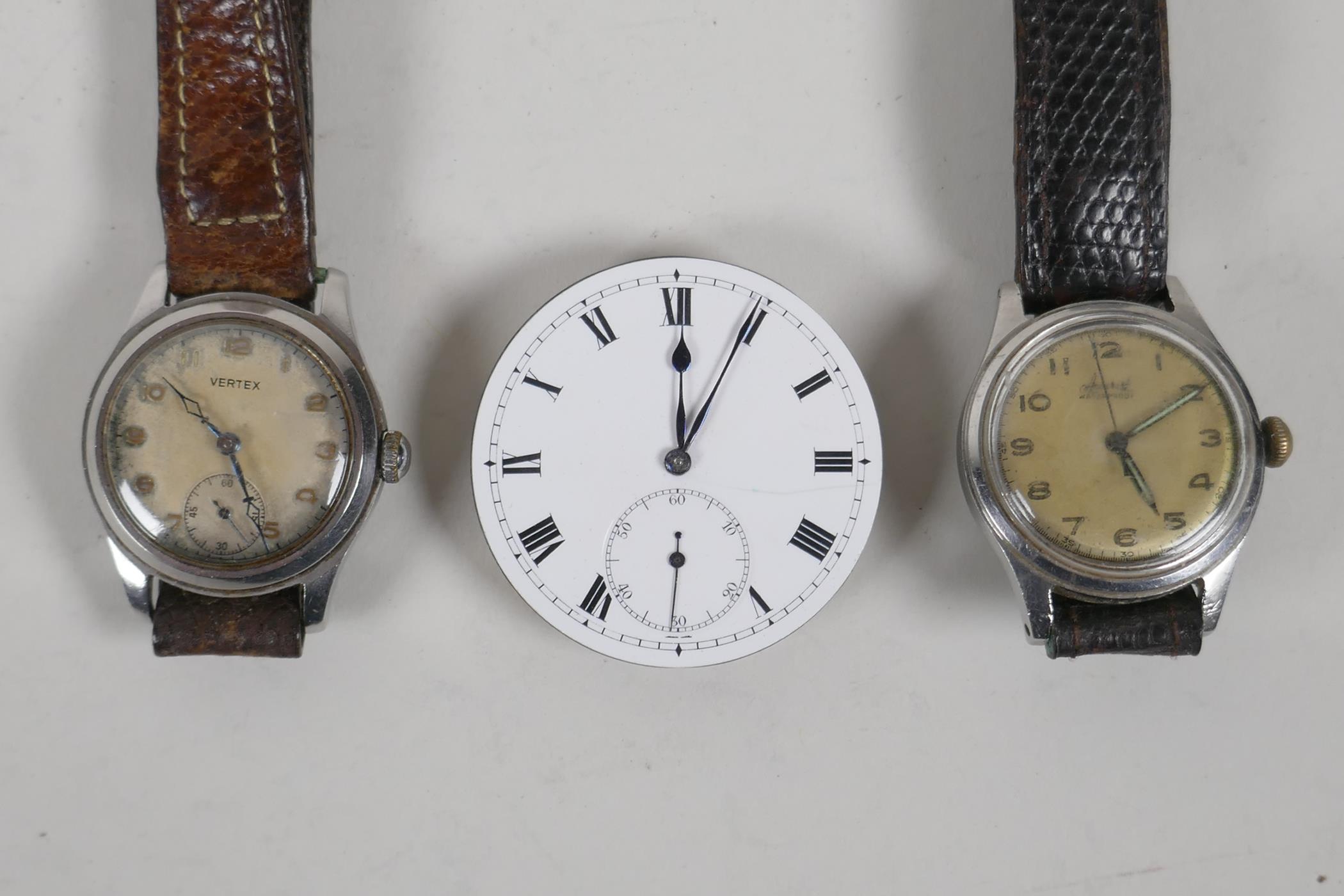 A Swiss made 17 jewel pocket watch movement, with an enamel face and a subsidiary second dial.