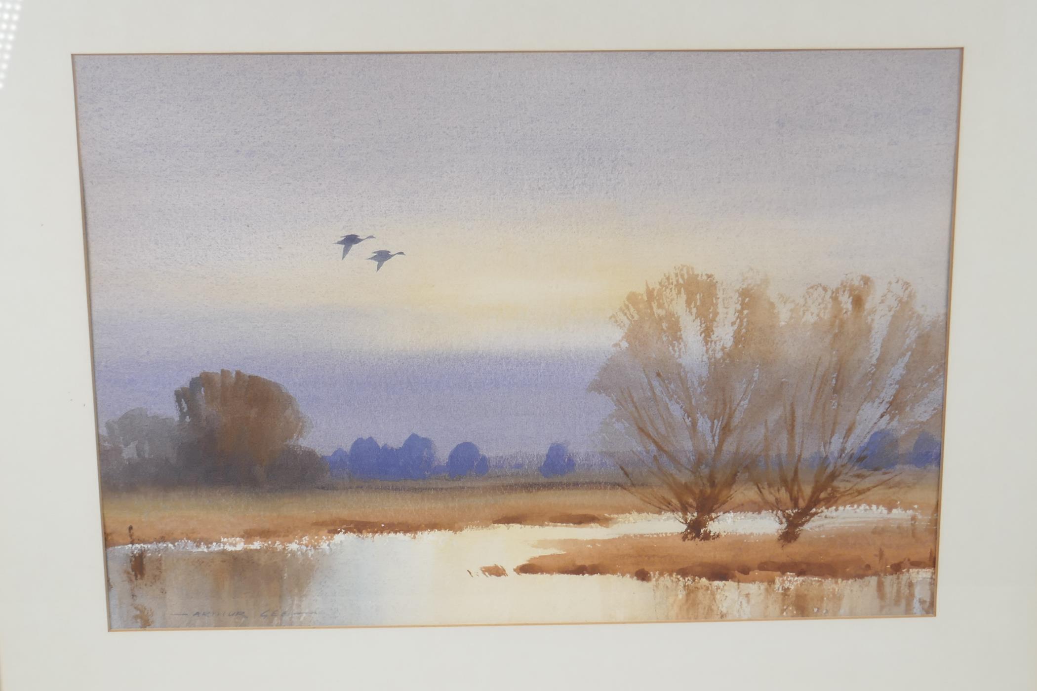 Arthur Gee, watercolour of a Broadlands scene with flying geese. 18" x 12" - Image 2 of 5