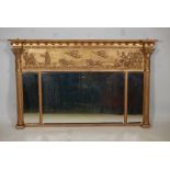 Regency triple plate overmantel mirror, with bevelled glass under a classical frieze and gilt ball