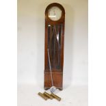 Art Deco, oak long case clock, with dome top. Silvered dial and chrome numbers, with pendulum &