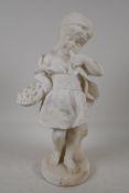 A 19th C carved alabaster figurine of a young girl with a basket of flowers, 14" high