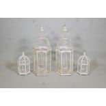 Two pairs of lantern shaped painted wood & metal bird cages, AF, largest 28" high