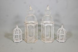 Two pairs of lantern shaped painted wood & metal bird cages, AF, largest 28" high