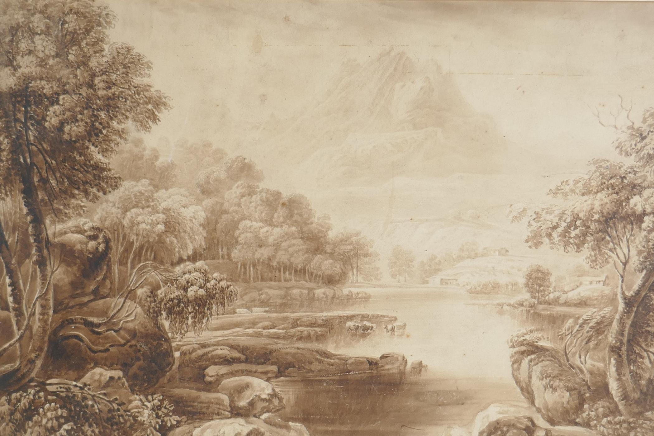 A lake scene, possibly James Duffield Harding, late C18th/early C19th monochrome watercolour,  17" x