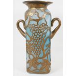 A copper cased blue glass vase, in the manner of Galle, 12" high. AF