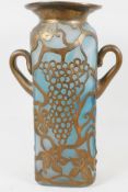 A copper cased blue glass vase, in the manner of Galle, 12" high. AF