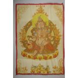 A Tibetan silk thangka depicting a wrathful deity, 17" x 25"