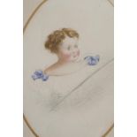 A 19th C Watercolour portrait of a young child, in a good oval gilt frame, portrait 6" x 5"