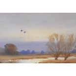 Arthur Gee, watercolour of a Broadlands scene with flying geese. 18" x 12"