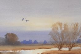 Arthur Gee, watercolour of a Broadlands scene with flying geese. 18" x 12"