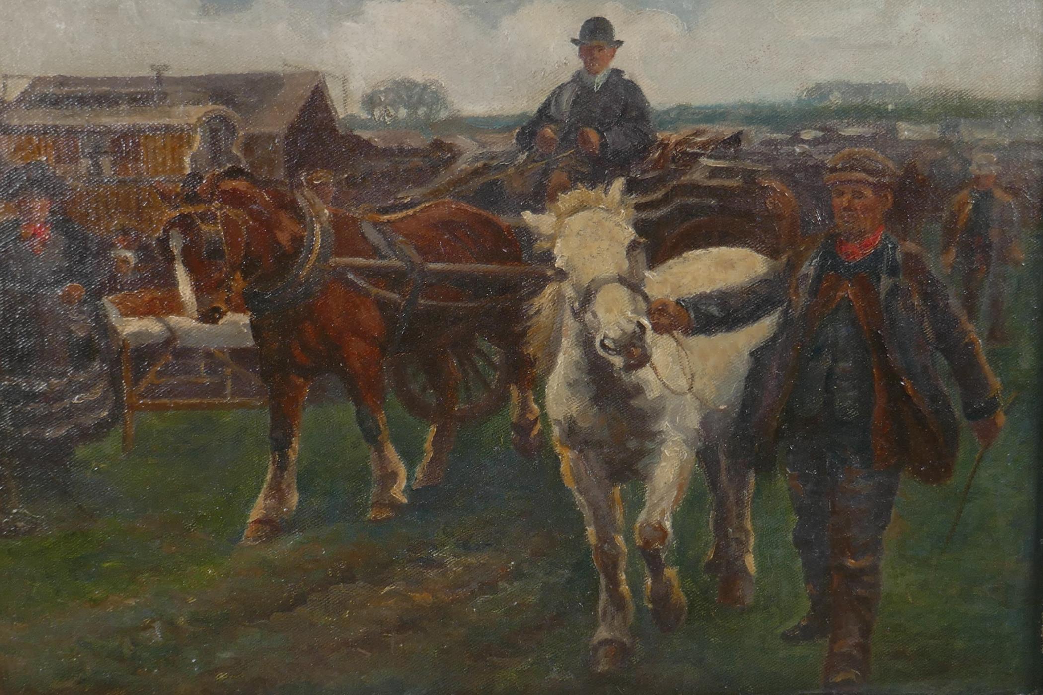 Geoffrey Mortimer (British, 1895-1986), 'The Horse Fair' after Alfred Munnings, oil on canvas laid