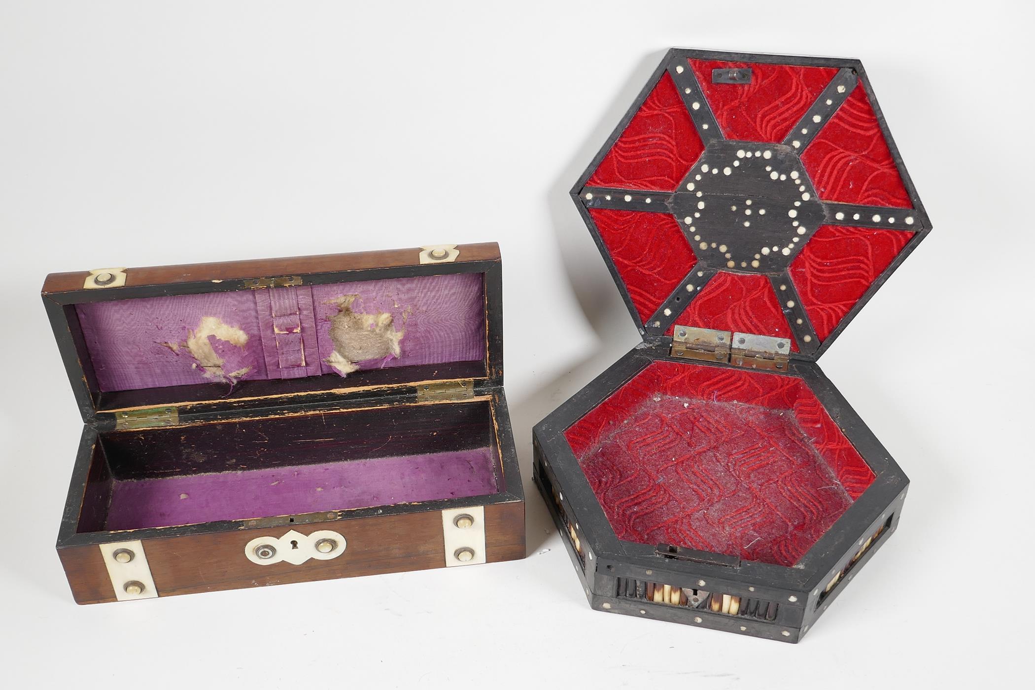 A C19th hexagonal quillwork trinket box, and a C19th rosewood glove box, with bone and mother of - Image 4 of 4