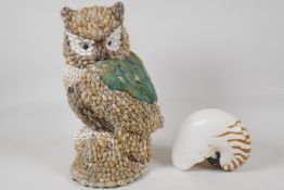 A model of an owl, made from sea shells. Together with a tiger strip nautilus shell