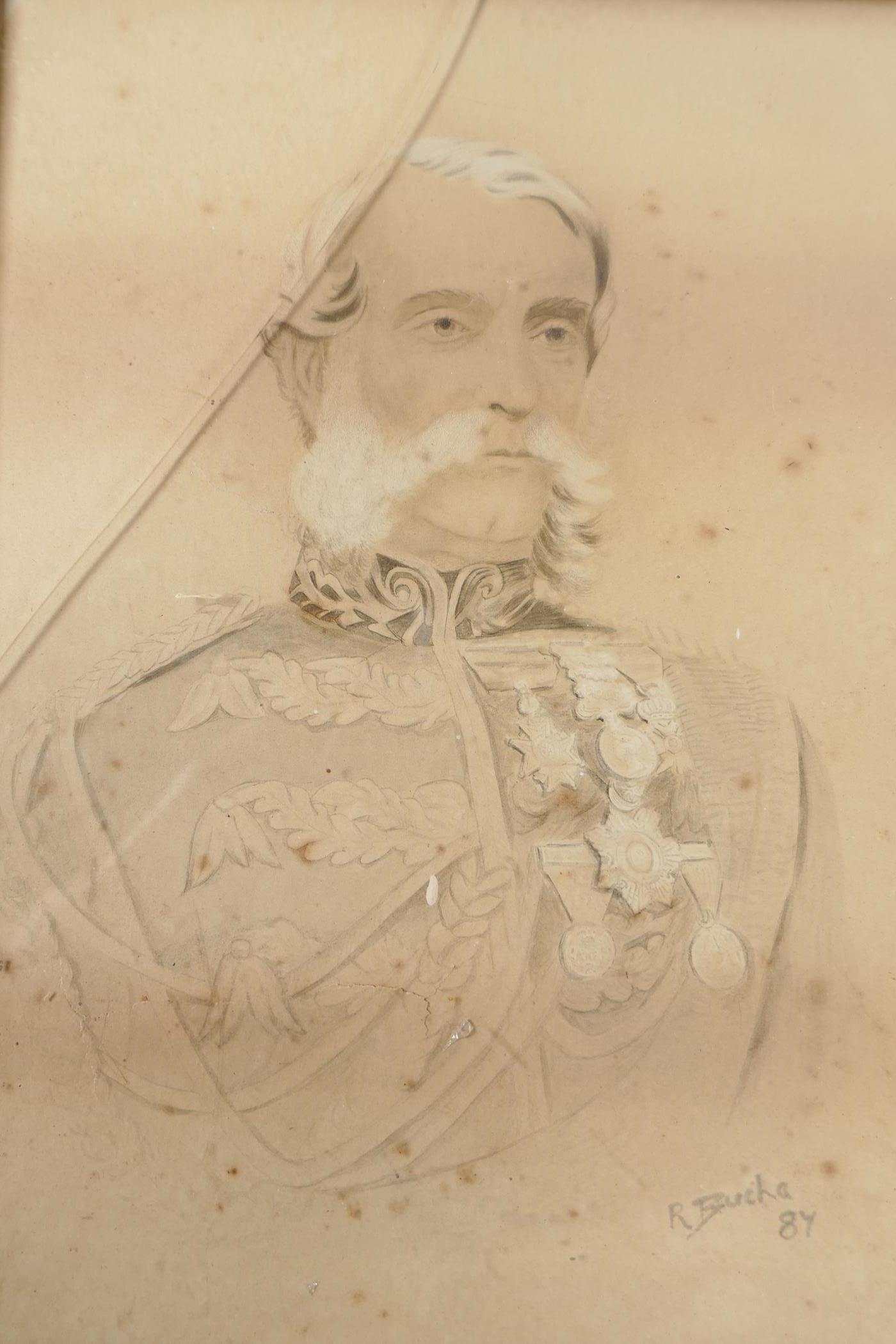A pencil & wash portrait of a military gentleman, signed R Bucha '87, 8" x 11"