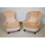 Pair of small Victorian parlour/bedroom chairs with shaped backs, lacking castors