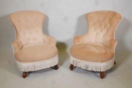 Pair of small Victorian parlour/bedroom chairs with shaped backs, lacking castors