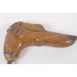 A C19th carved wood greyhounds head, stick handle. 4" long