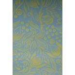 Eight full rolls of hand made wall paper, by Hugh Dunfold Wood, magnolia pattern, Olive on teal,
