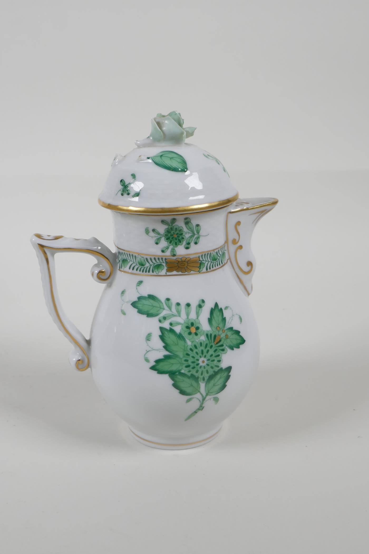 A Herend porcelain, with green Chinese bouquet pattern, two handled pot. And milk jug. AF. Largest - Image 8 of 10