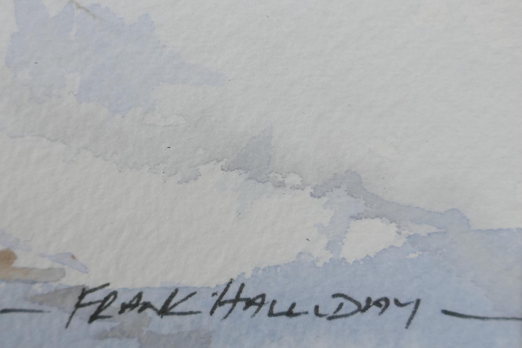 Frank Halliday, snow covered rural landscape with farm buildings, signed watercolour, 21" x 14" - Image 3 of 6