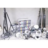 A photographer's studio flash lighting system, five Elinchrom 3000 classic power packs, seven