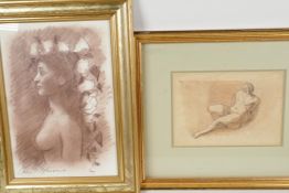 A pencil sketch of a male nude, after the antique, 8" x 5½", and a contemporary female nude by Colin