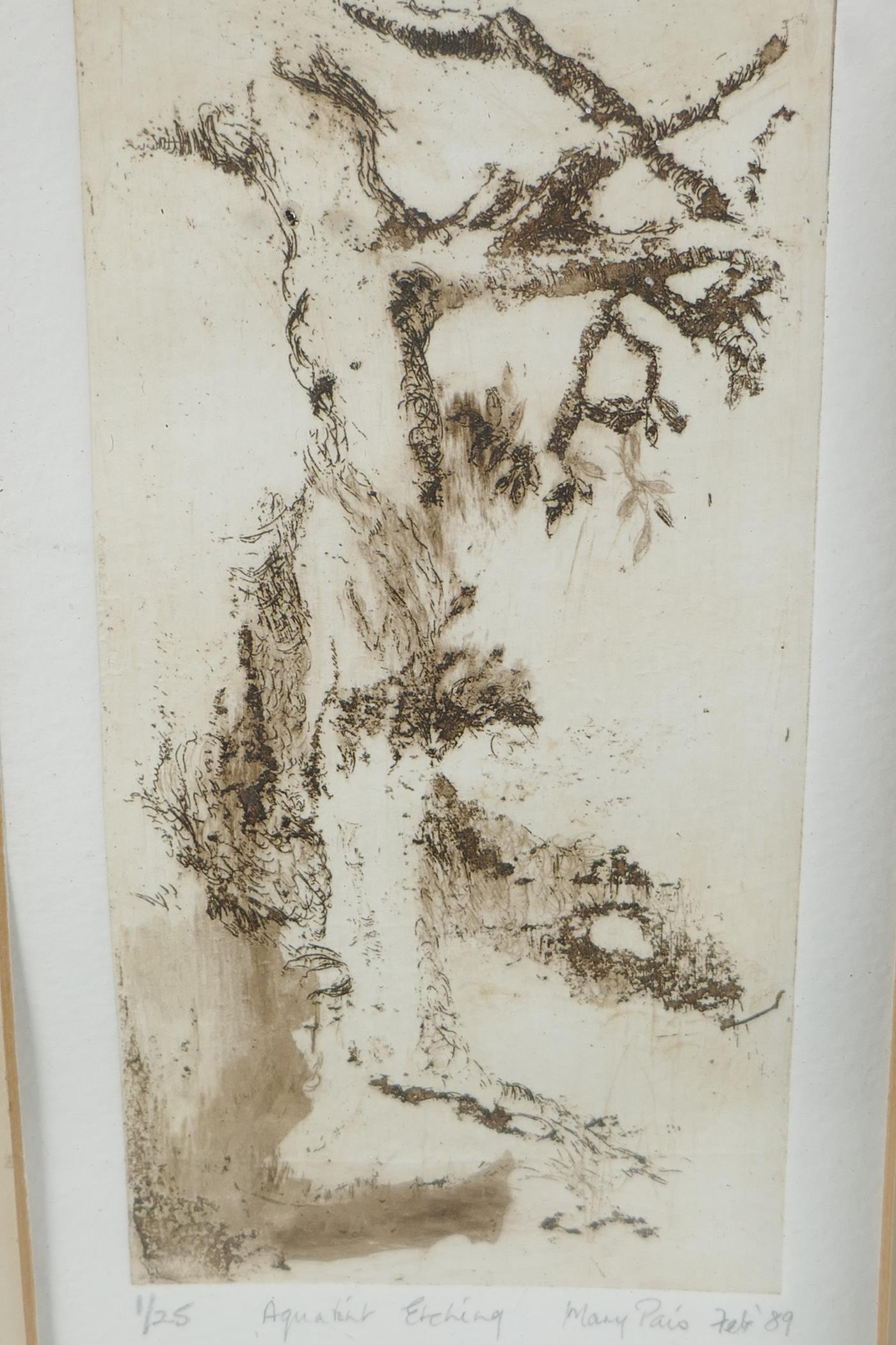 R.A. Thomas, a harbour scene, signed etching, 8½" x 7", an etching of a tree by May Pais, and an - Image 4 of 4