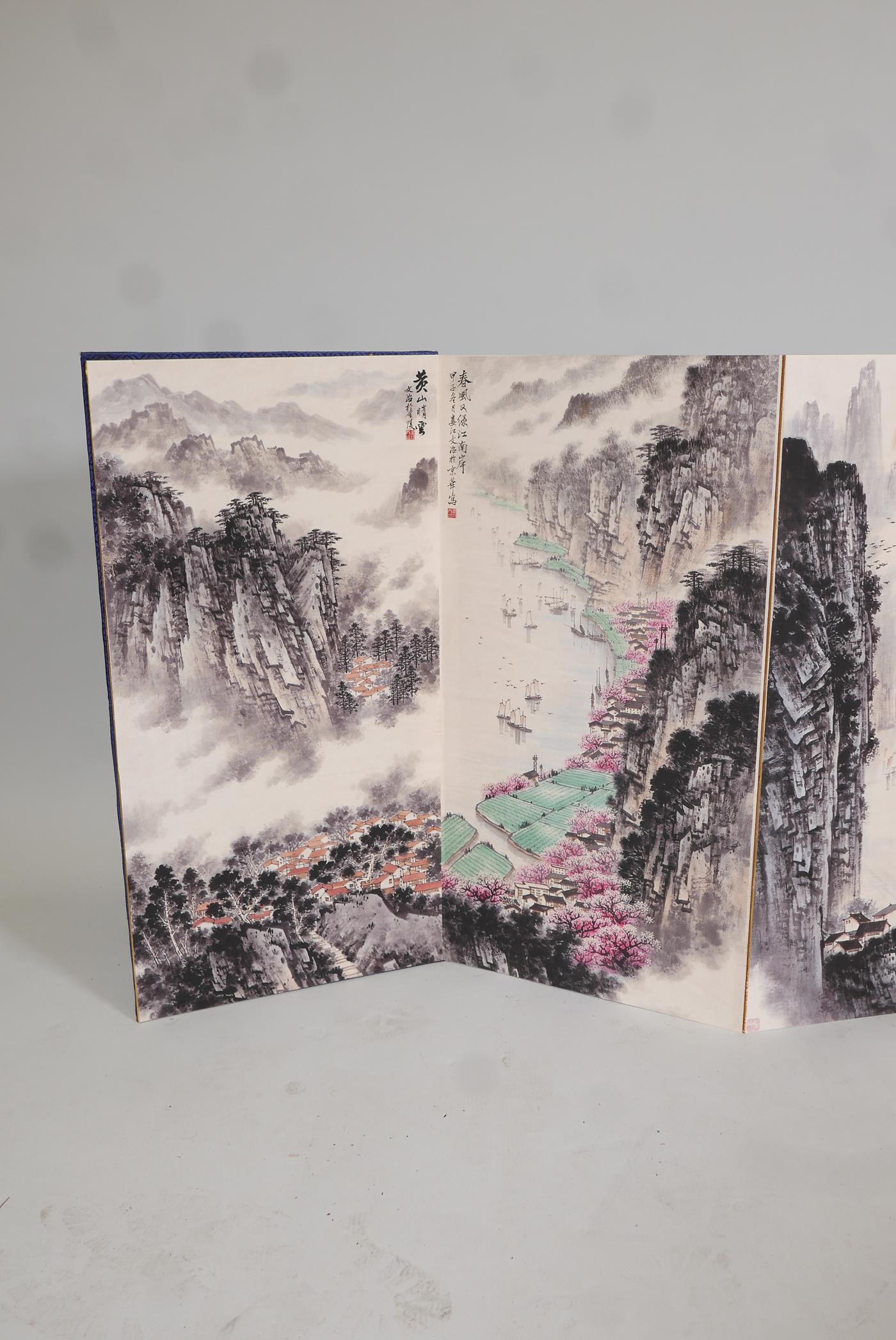 A Chinese concertina book, containing ten mountain and riverside landscapes, overpainted prints - Image 9 of 9