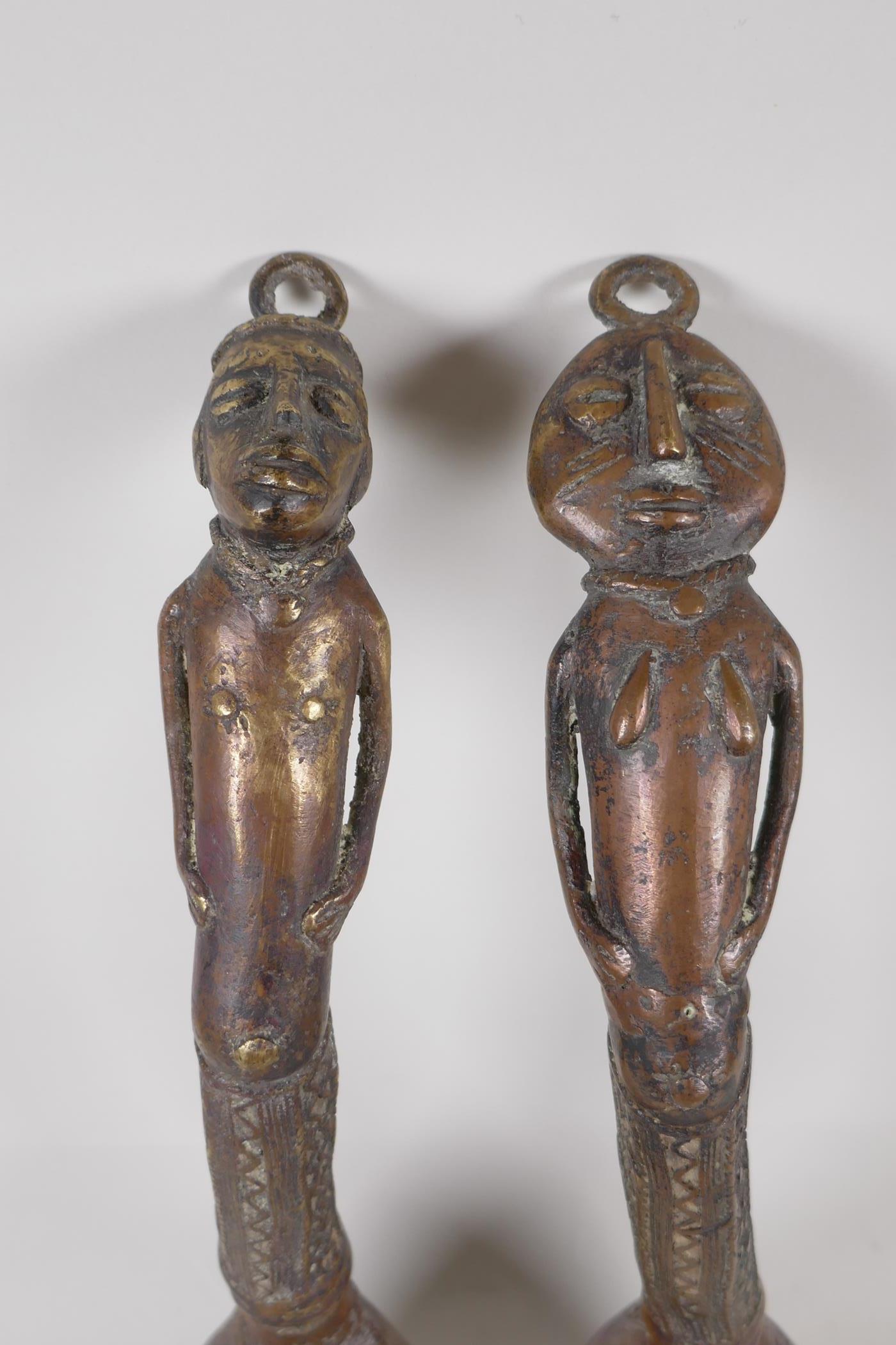 A pair of African brass ladles with figural handles. 15" long - Image 4 of 5