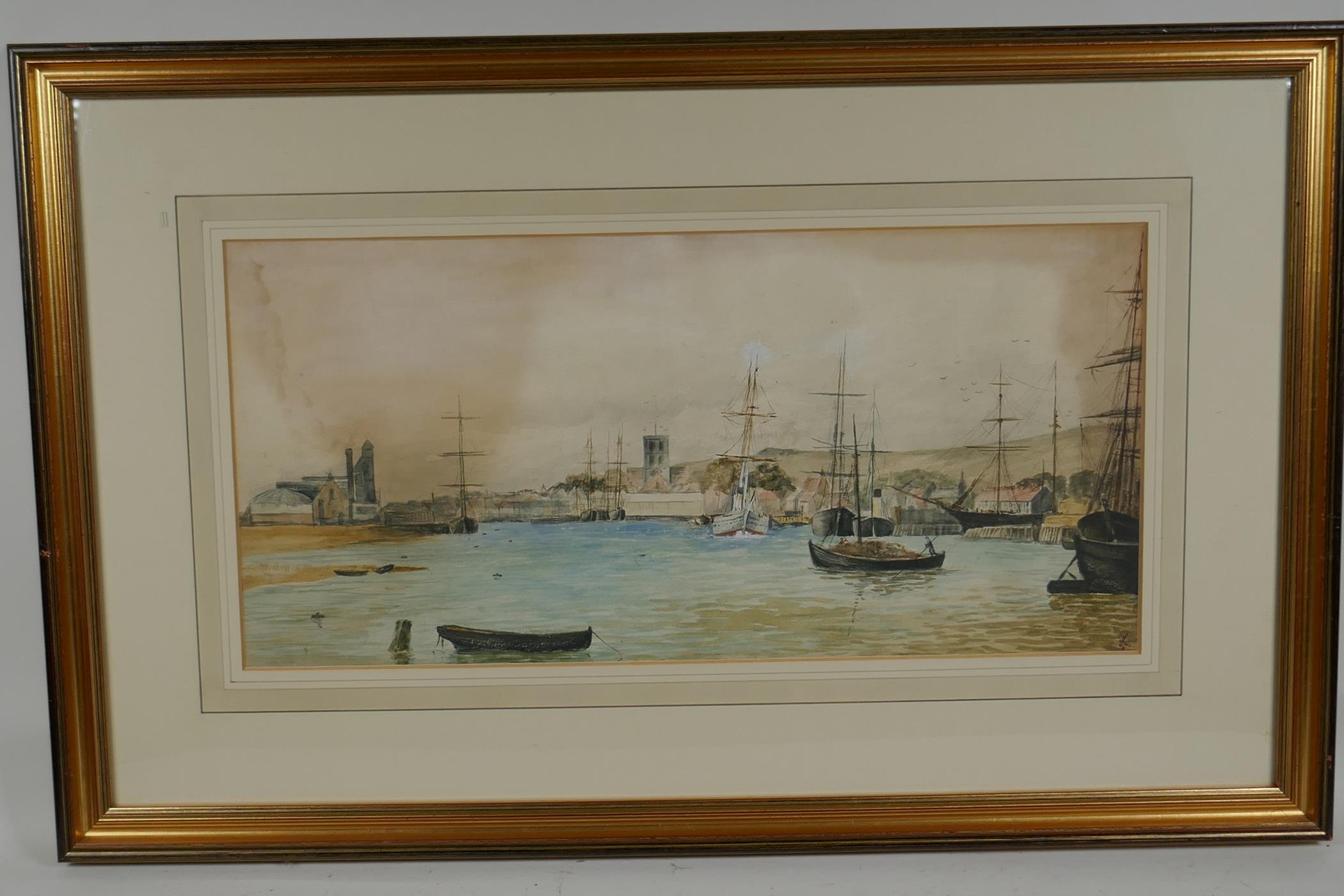 A Continental port scene, monogramed, C19th watercolour, 18" x 8" - Image 2 of 3