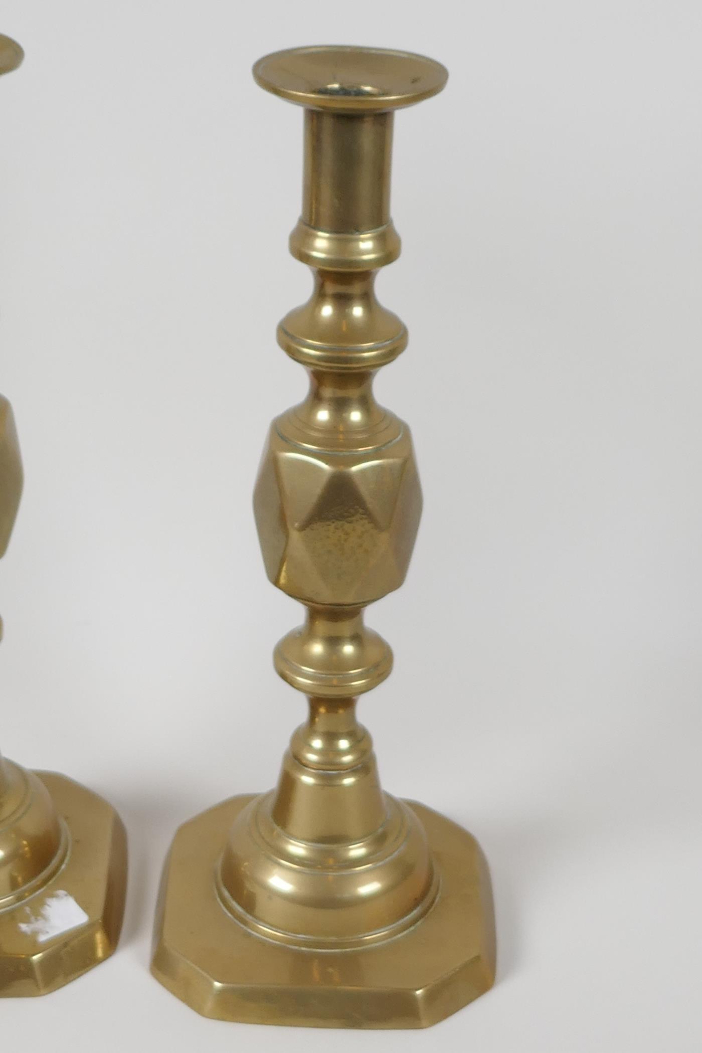 A pair of C19th brass "The Queen of Diamonds" pattern candlesticks, 11½" high - Image 2 of 2