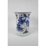 A Chinese blue and white porcelain vase of waisted form, decorated with warriors on horseback, 10"