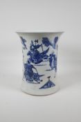 A Chinese blue and white porcelain vase of waisted form, decorated with warriors on horseback, 10"