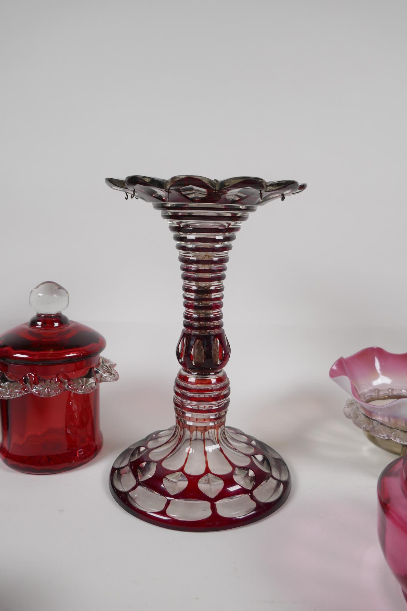 A collection of C19/20th Ruby & Cranberry glass. Including a lustre, perfume bottles, pots, - Image 3 of 5