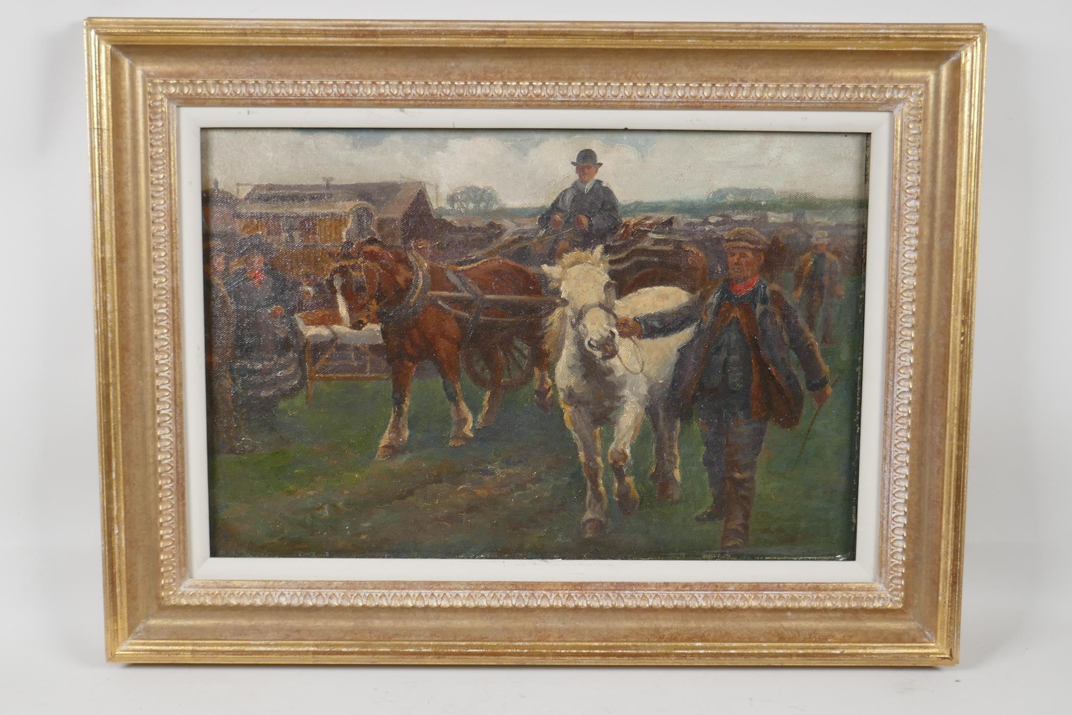 Geoffrey Mortimer (British, 1895-1986), 'The Horse Fair' after Alfred Munnings, oil on canvas laid - Image 2 of 2