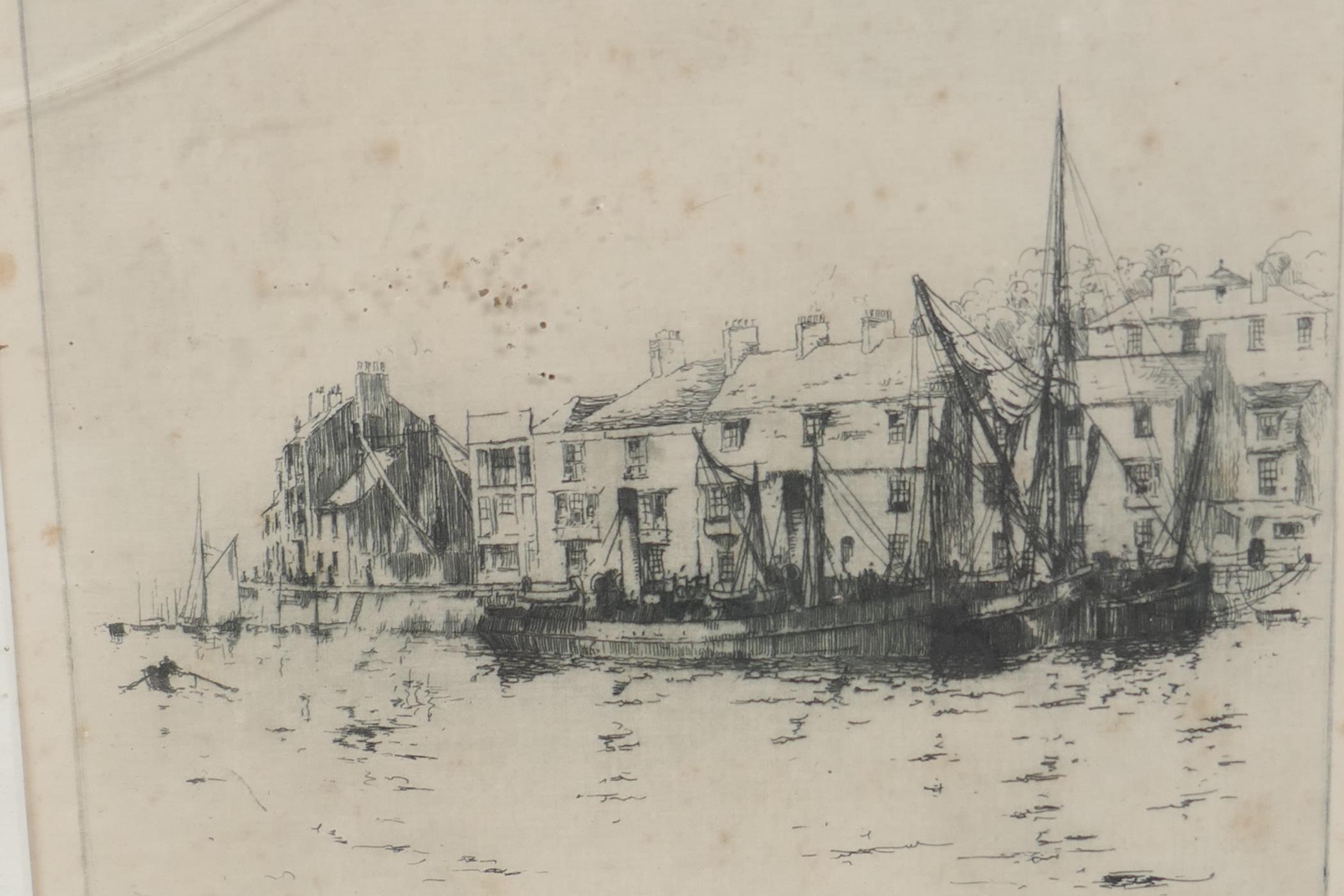 R.A. Thomas, a harbour scene, signed etching, 8½" x 7", an etching of a tree by May Pais, and an - Image 2 of 4