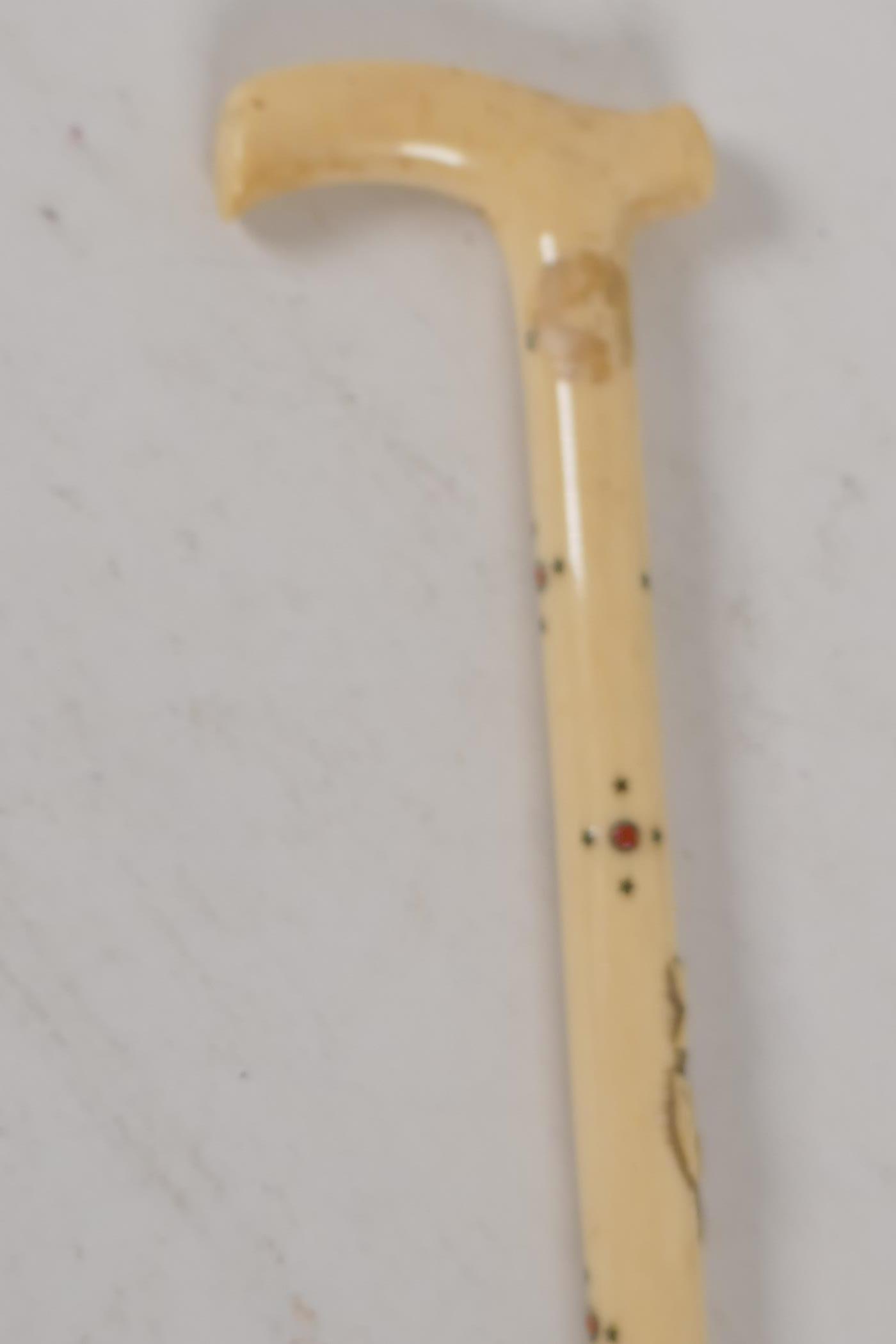 A C19th Japanese carved ivory parasol handle, inset with jewels and metals in the shybiyana - Image 5 of 5
