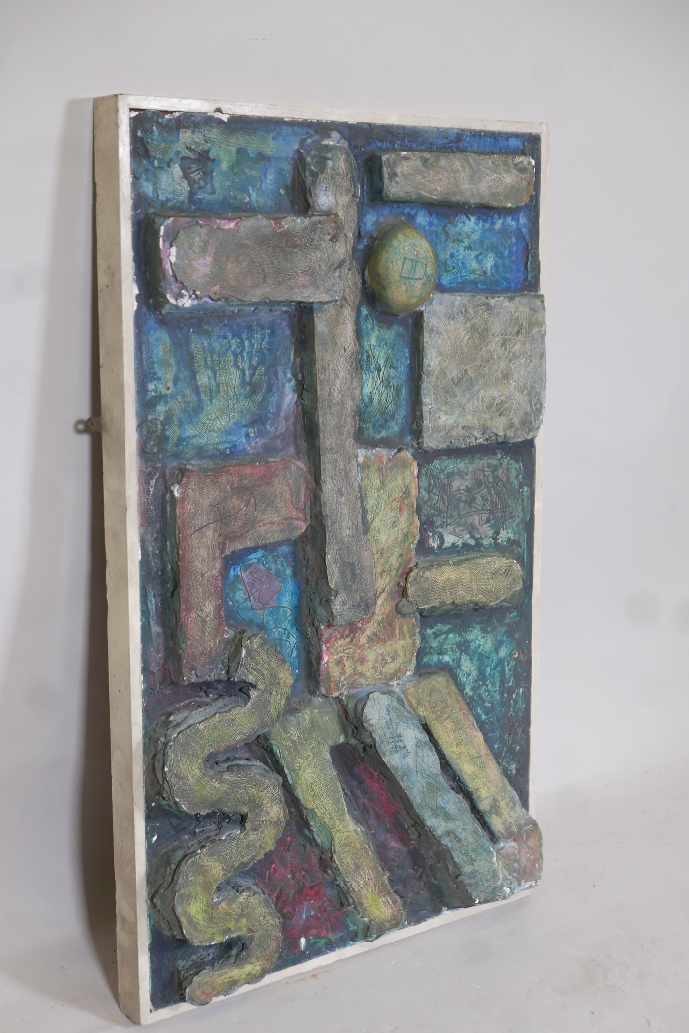 A mid C20th painted plaster plaque in the Troika style, unsigned, 19" x 31" - Image 2 of 4