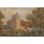 A rural scene with church and pond, C19th watercolour, 10" x 8"