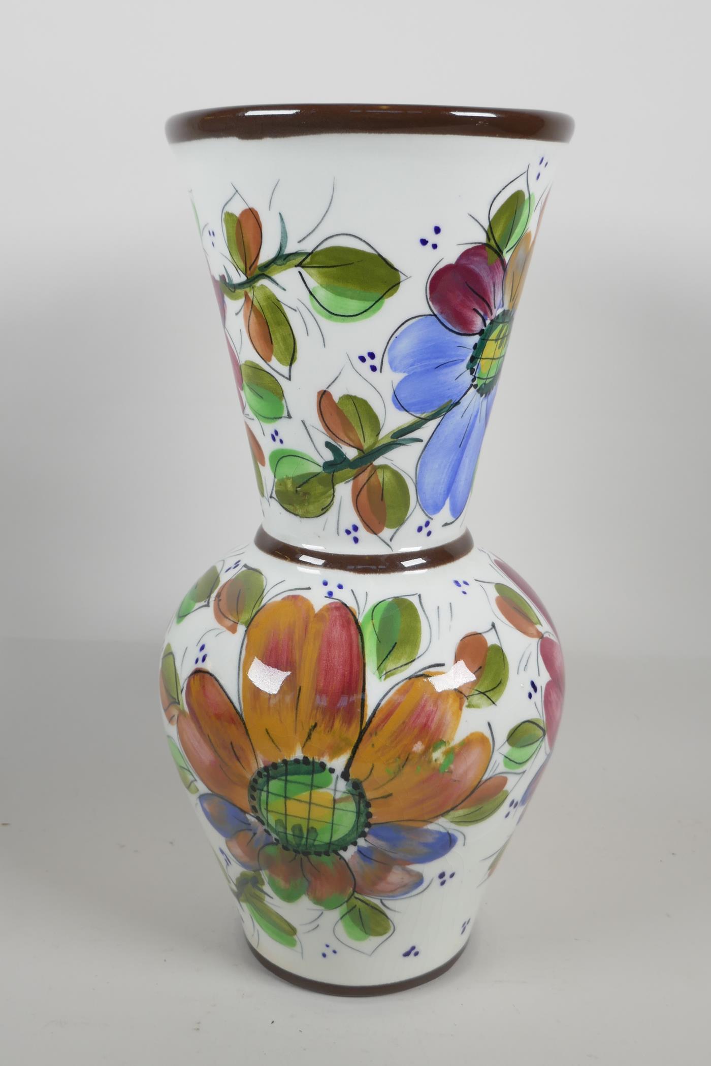 A pottery trumpet vase, hand painted with flowers, 13" high - Image 2 of 4