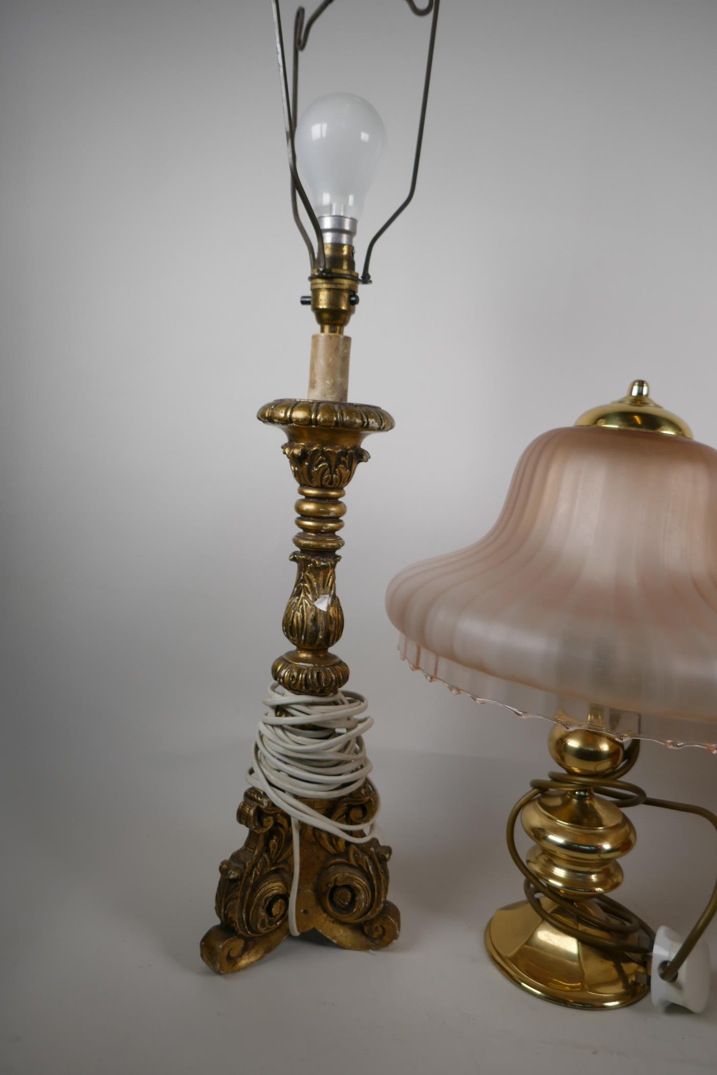 A brass table lamp with pink frosted glass shade, 16" high and two other lamps - Image 3 of 4