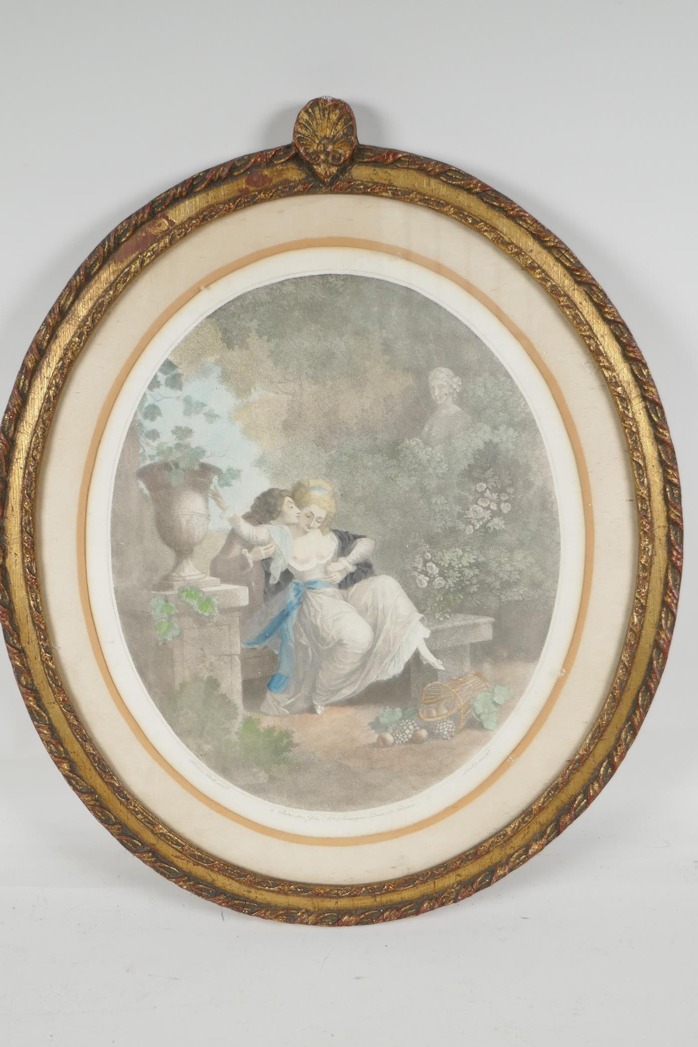 A French coloured engraving of a courting couple, in a good gilt frame, 12" x 14" - Image 2 of 2