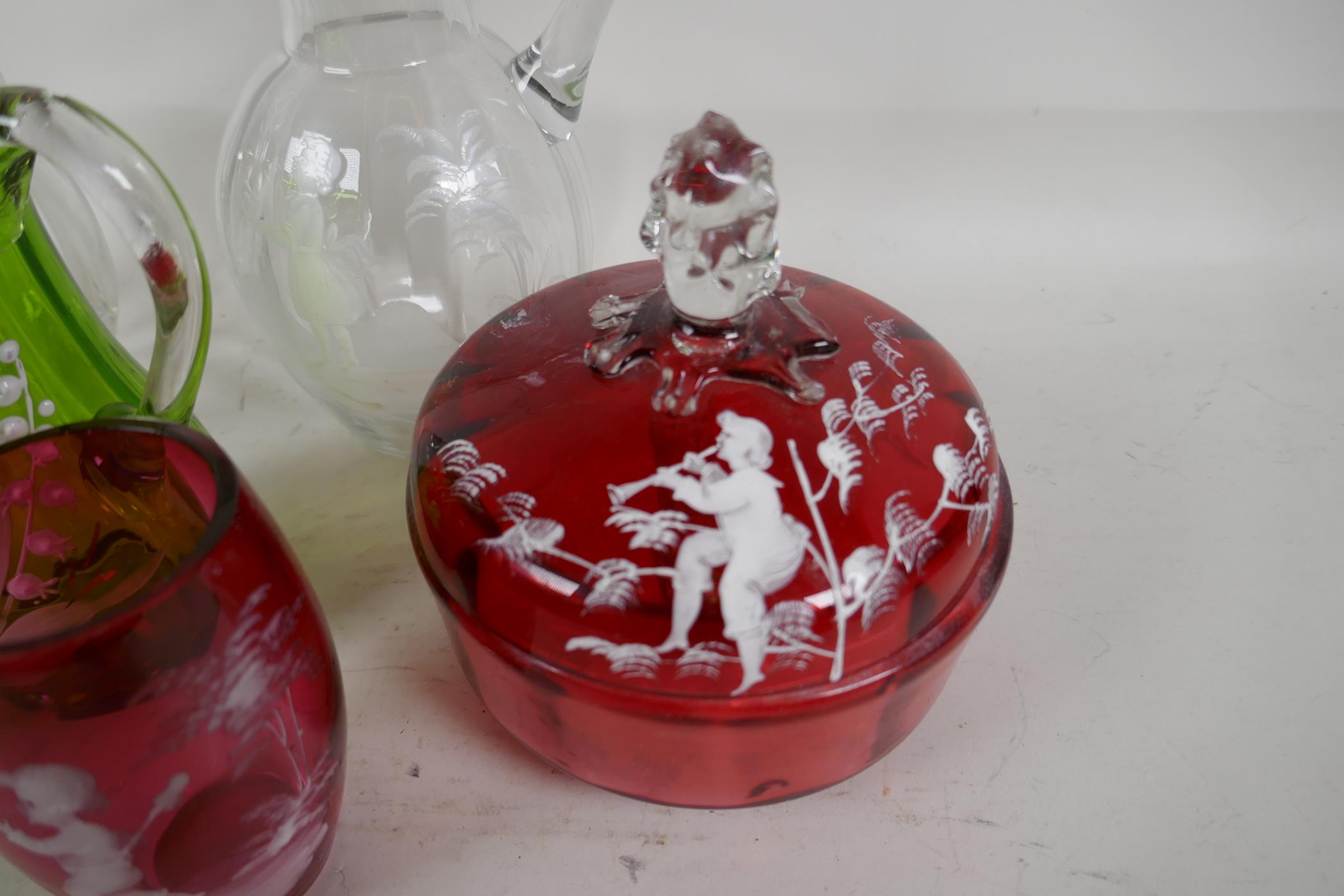 A Cranberry glass powder box decorated in the Mary Gregory style, with another five glass items with - Image 3 of 3