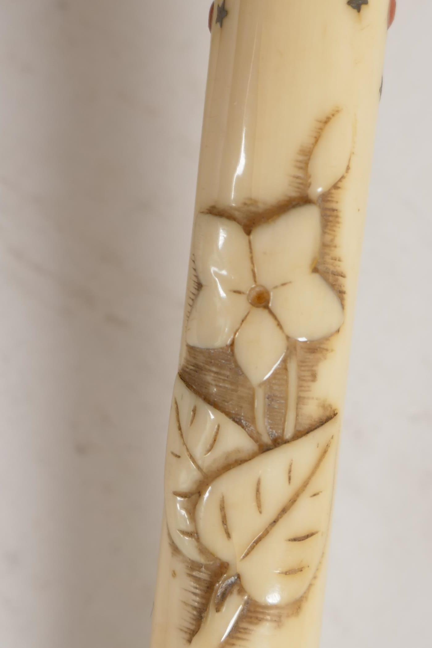 A C19th Japanese carved ivory parasol handle, inset with jewels and metals in the shybiyana - Image 3 of 5