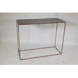 Industrial style side table, with copper top, 40" x 16' x 31"