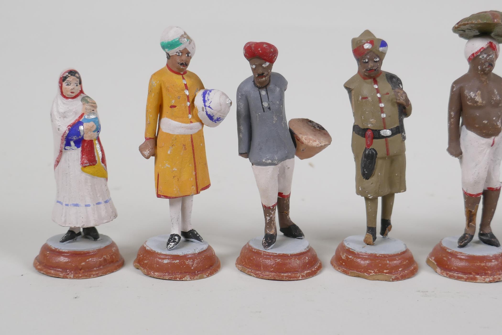Twelve Indian painted terracotta figures, depicting various professions, AF, largest 3½" - Image 2 of 5